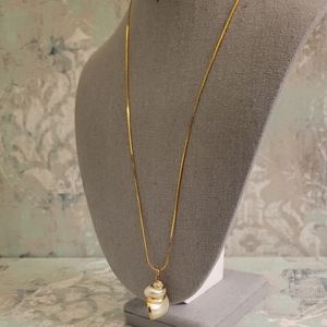 Gold Tone Lined Glossy Seashell Shell Pendant Chain Necklace